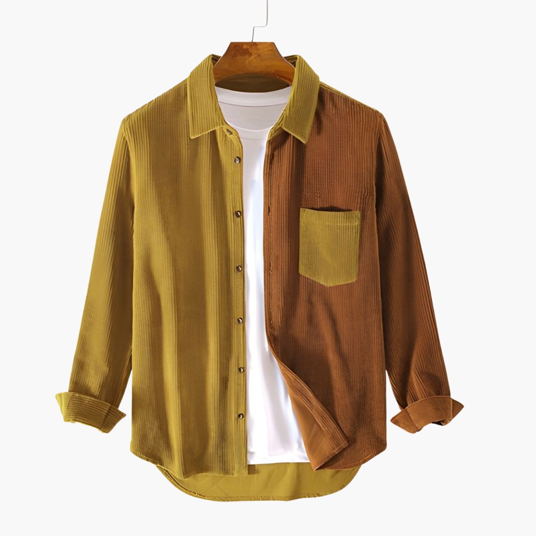 Men's brown corduroy regular-fit shirt with striped collar and front chest pocket