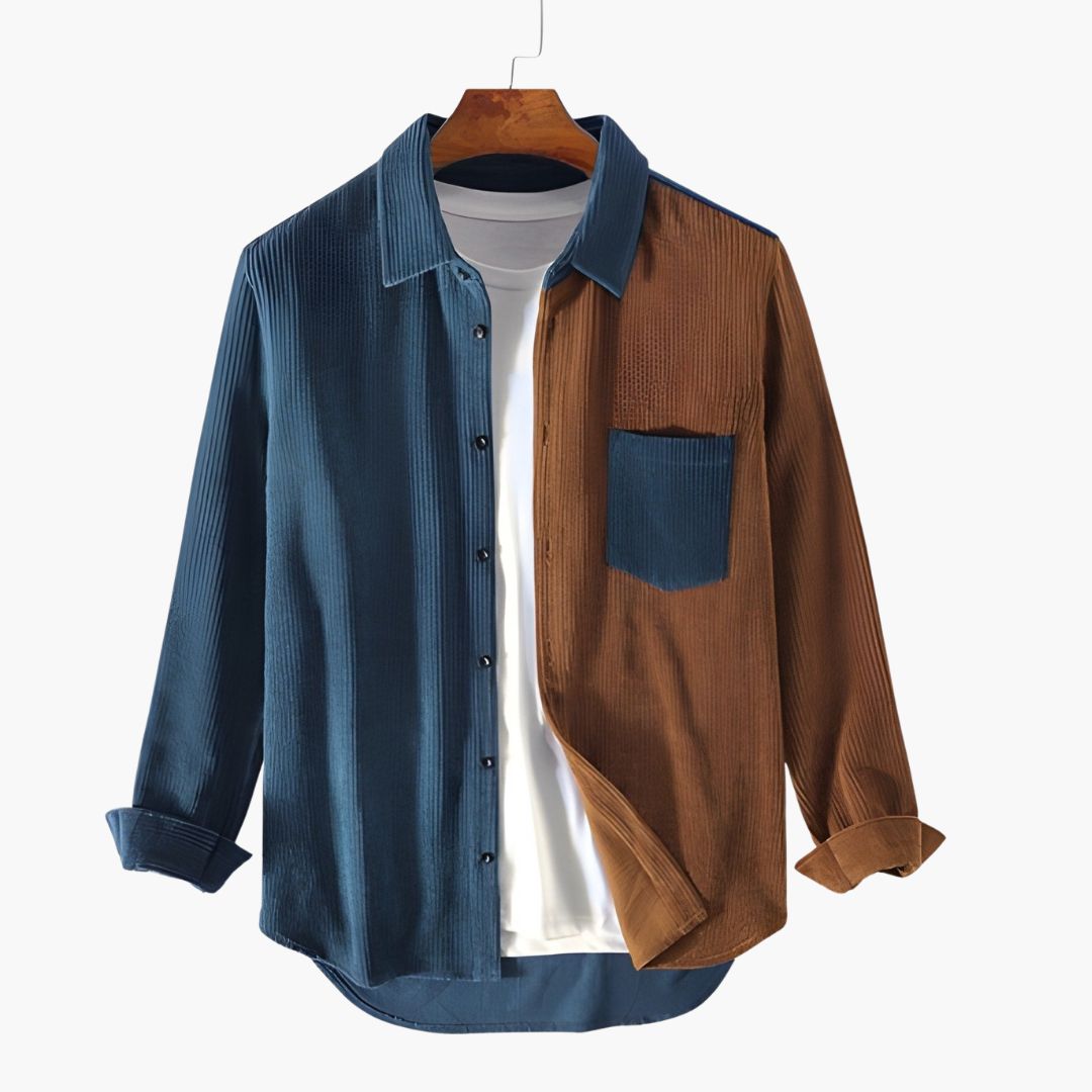 Men's brown corduroy regular fit shirt with striped collar accent and chest pocket