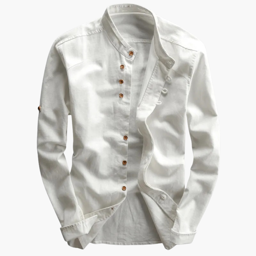 Men's smart casual shirt with asymmetrical button placket, classic collar, and long sleeves for versatile wear