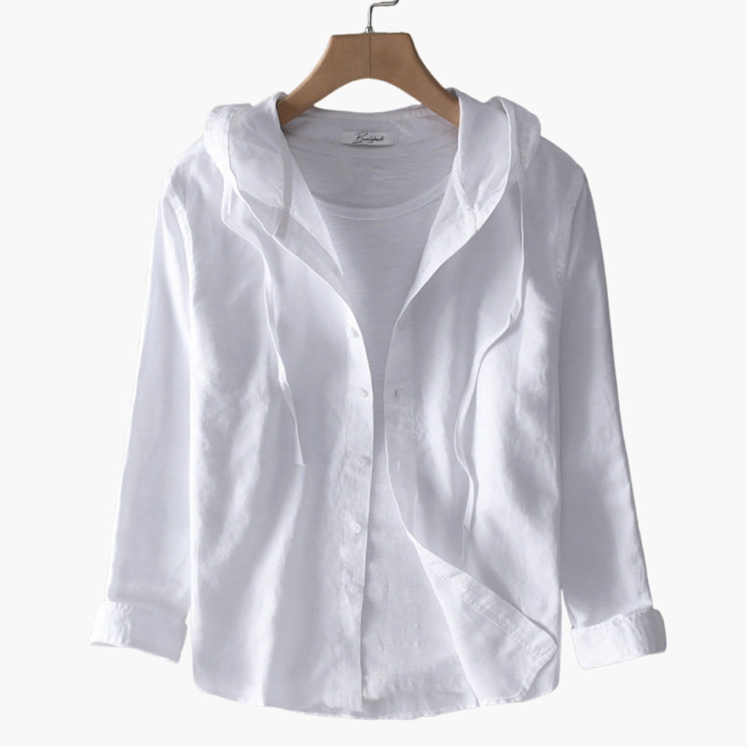 Women's cotton blend hooded shirt with front button closure and adjustable drawstring hood