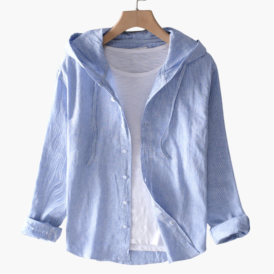 Women's cotton blend hooded shirt with front button closure and adjustable drawstring hood