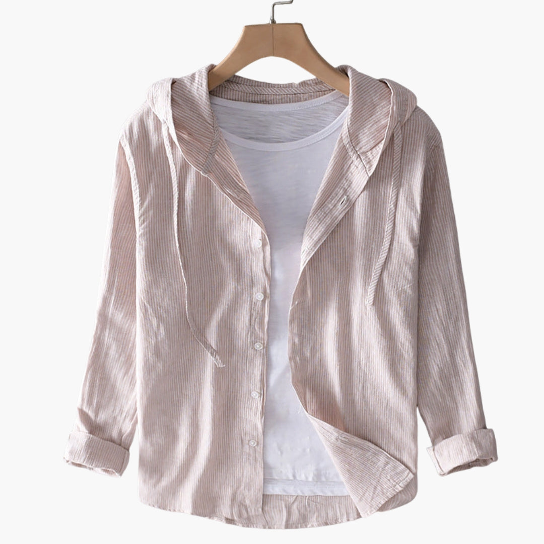 Women's cotton blend hooded shirt with button closure, adjustable drawstring hood, casual structured fit