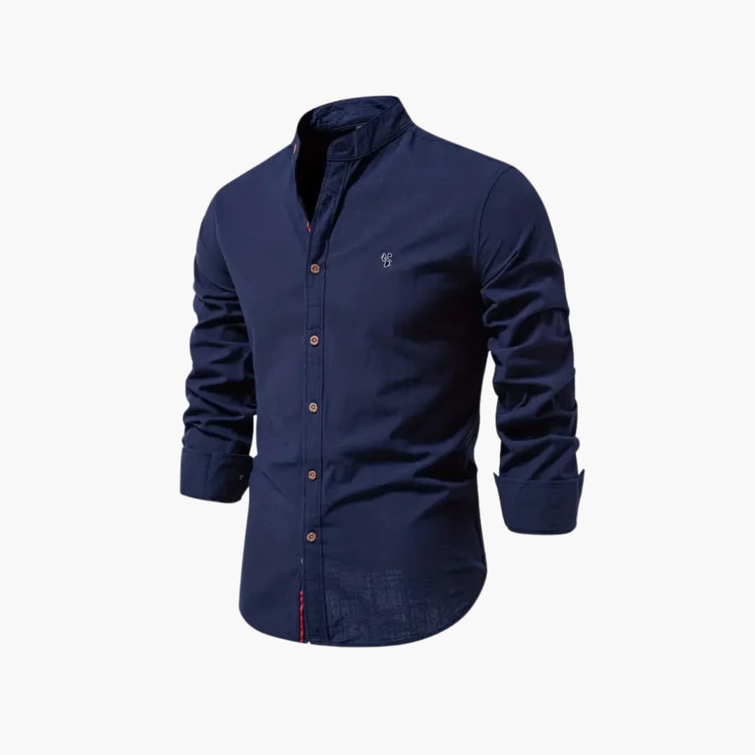 Men's white stand-up collar button-front long sleeve shirt structured contemporary professional fit