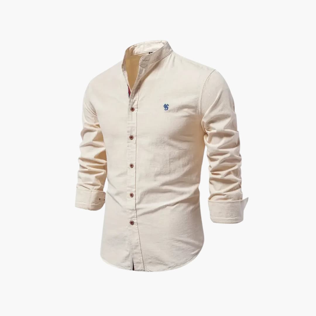 Men's white stand-up collar button-front long sleeve shirt with structured contemporary fit