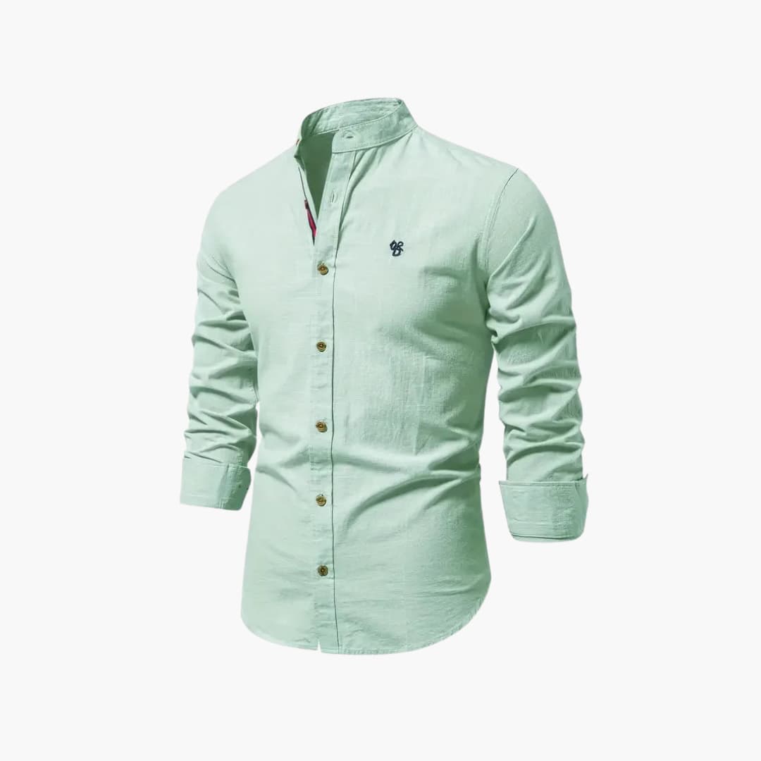 Men's white stand-up collar button-front long sleeve shirt with structured contemporary fit