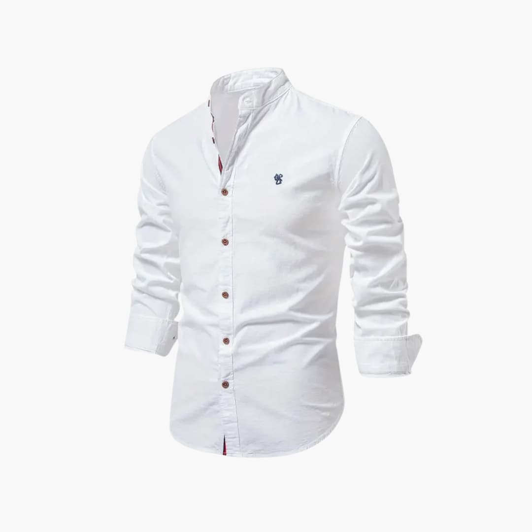 Men's white stand-up collar button-front long sleeve shirt slim structured professional fit