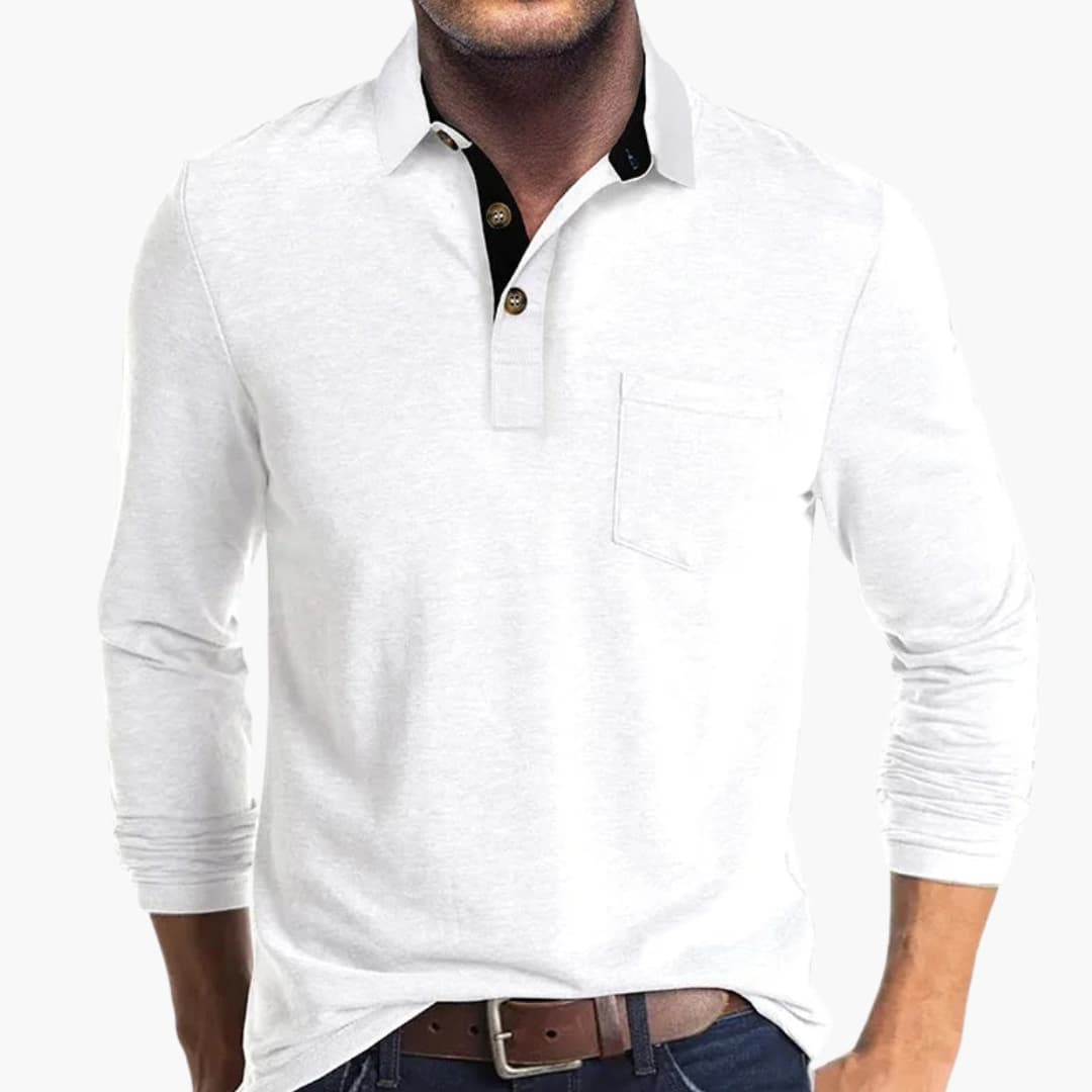 Men's white straight-fit business shirt long sleeve classic collar full button closure office wear