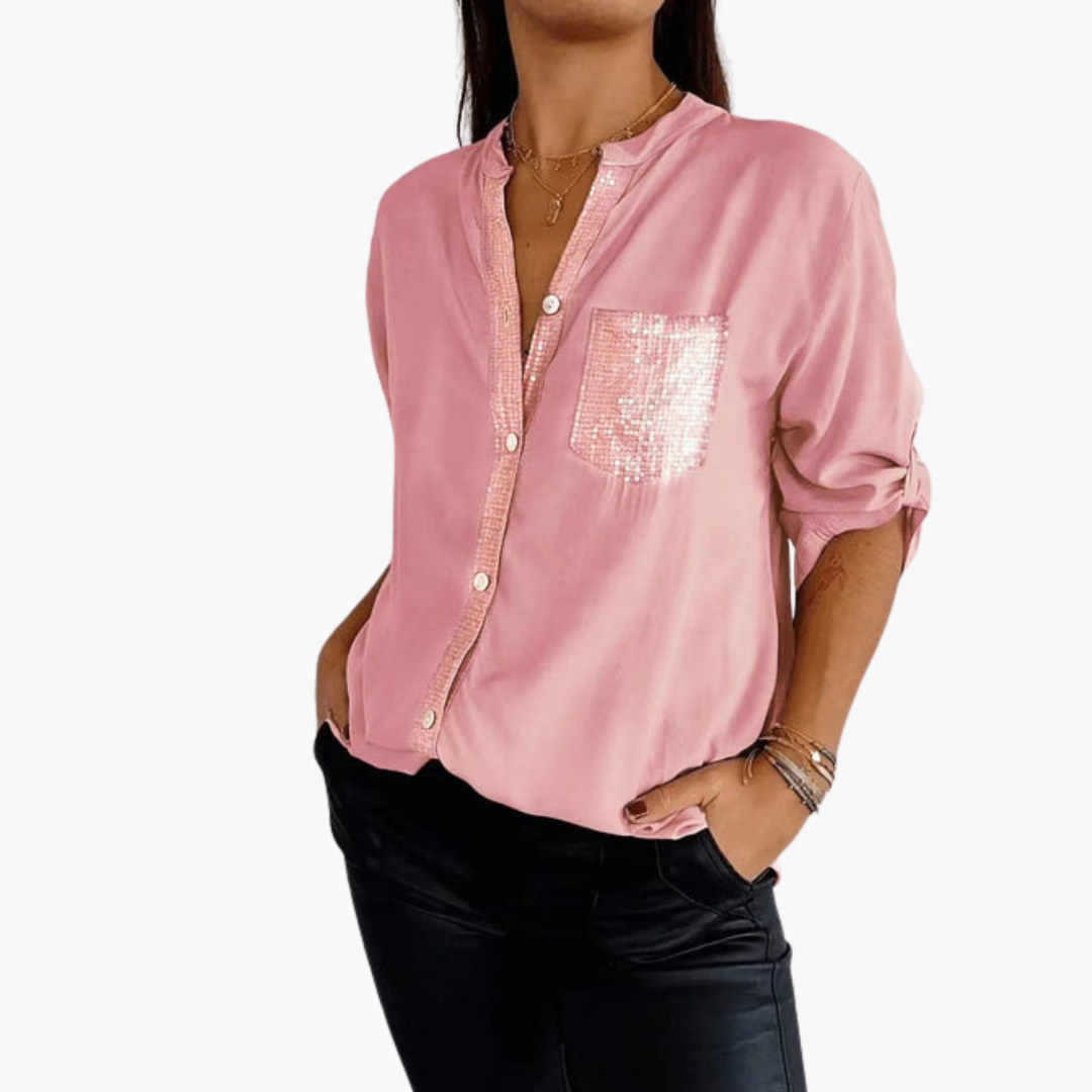 Women's classic collar button-up shirt with sequin pocket and roll-up sleeves for chic versatile styling