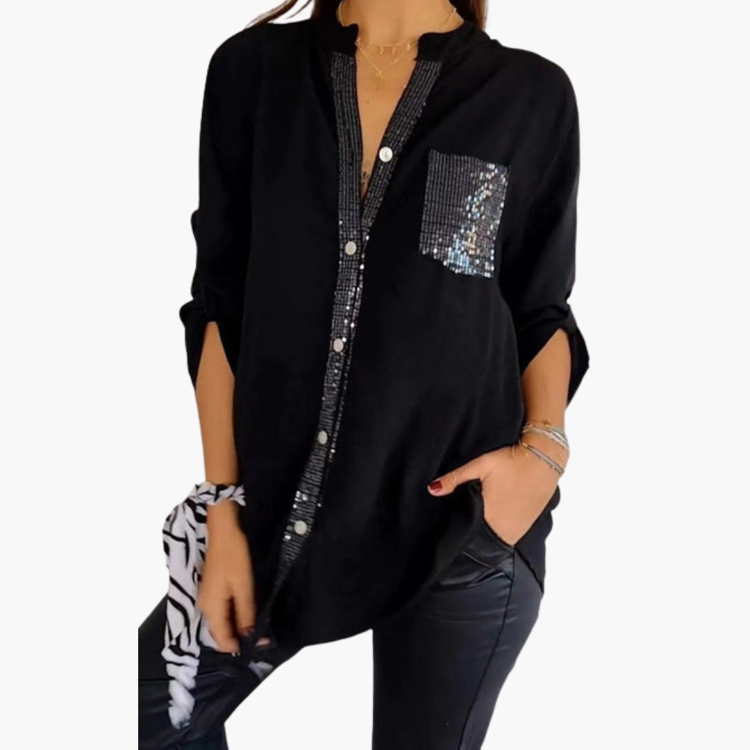 Women's classic collar button-up shirt with sequin pocket and roll-up sleeves, chic versatile style