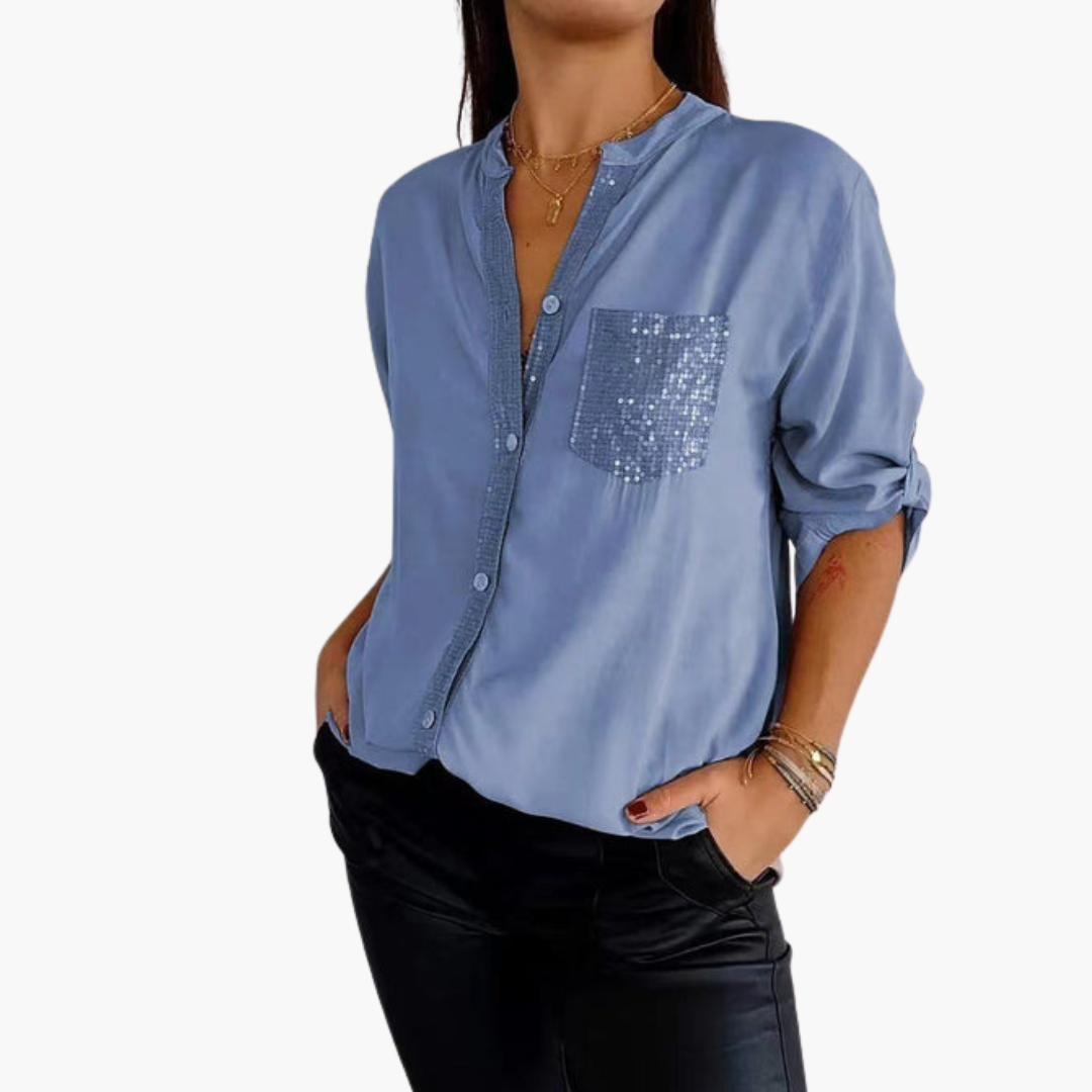 Women's classic collar button-up shirt with sequin pocket and roll-up sleeves, chic versatile style