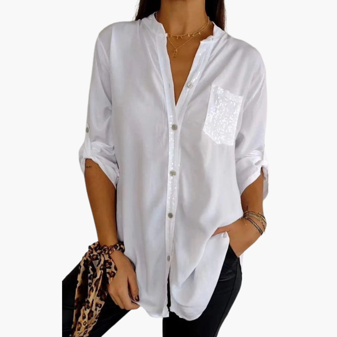 Women's classic collar button-up shirt with sequin pocket and roll-up sleeves, chic versatile style