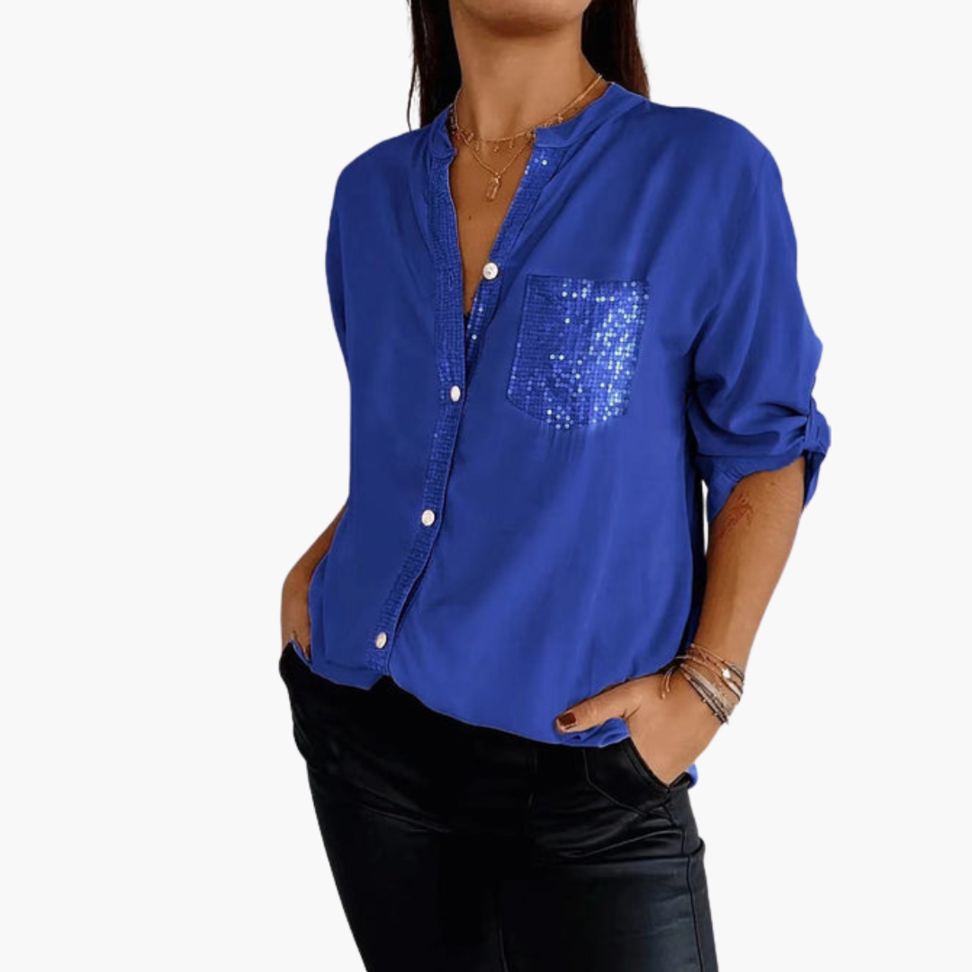 Women's classic collar button-up shirt with sequin pocket and roll-up sleeves for chic versatile style