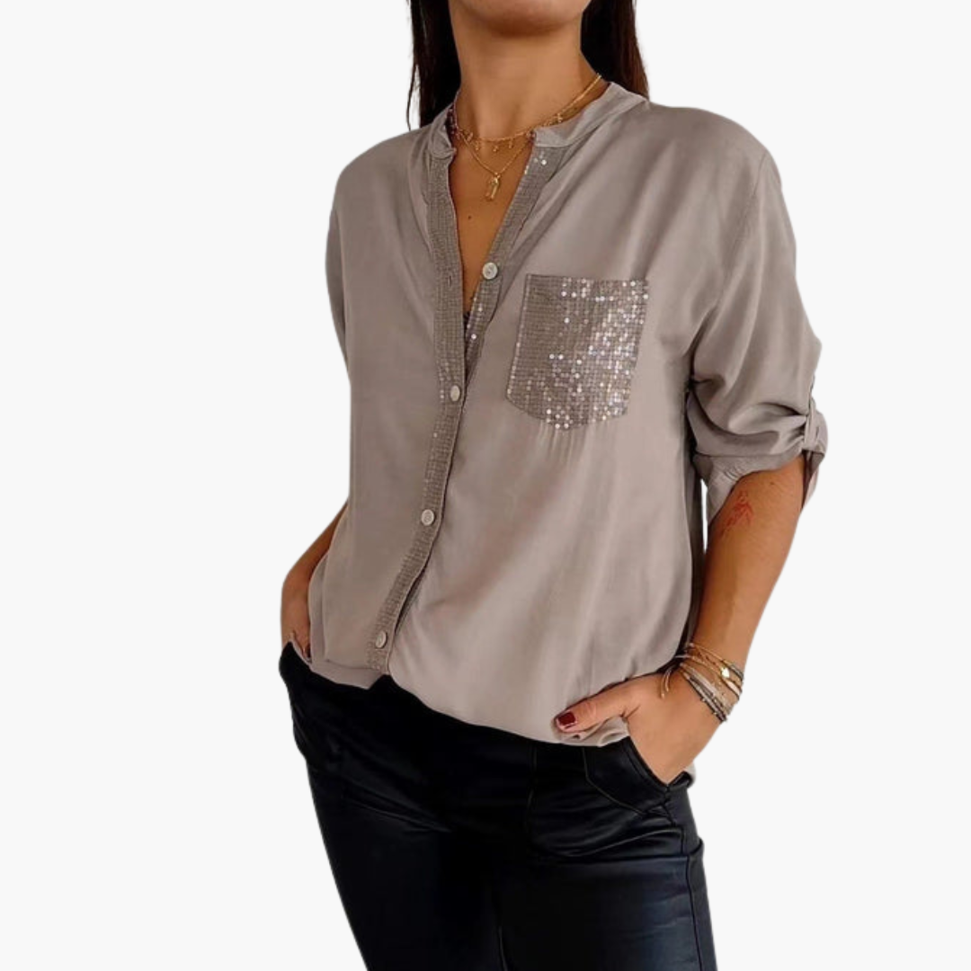 Women's classic collar button-up shirt with sequin pocket and roll-up sleeves, chic versatile style