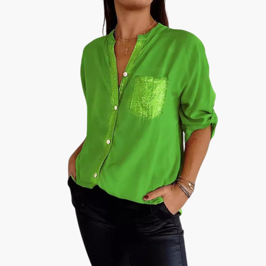Women's classic collar button-up shirt with sequin pocket and roll-up sleeves, chic versatile style