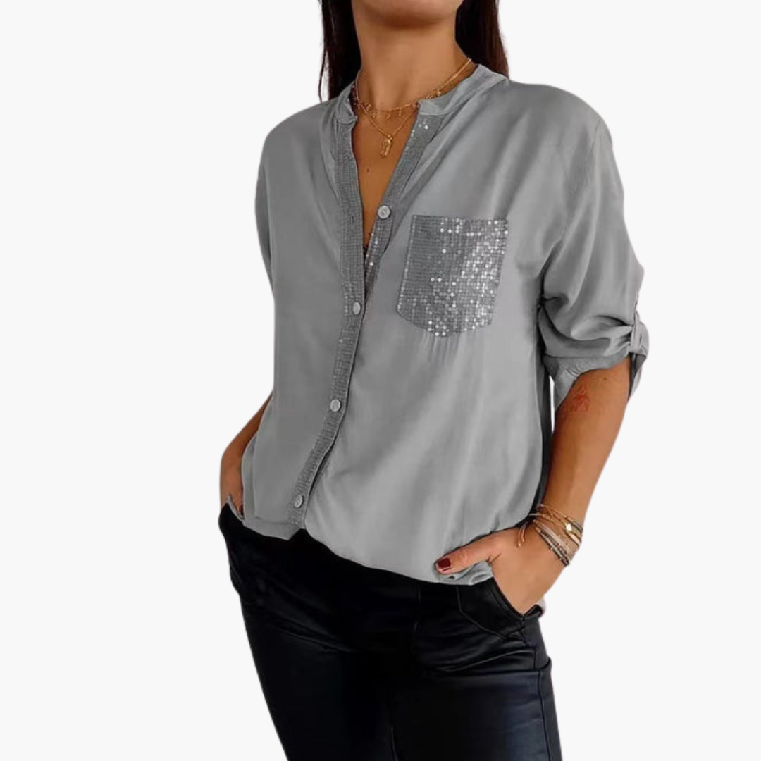 Women's classic collar button-up shirt with sequin pocket and roll-up sleeves, chic versatile style