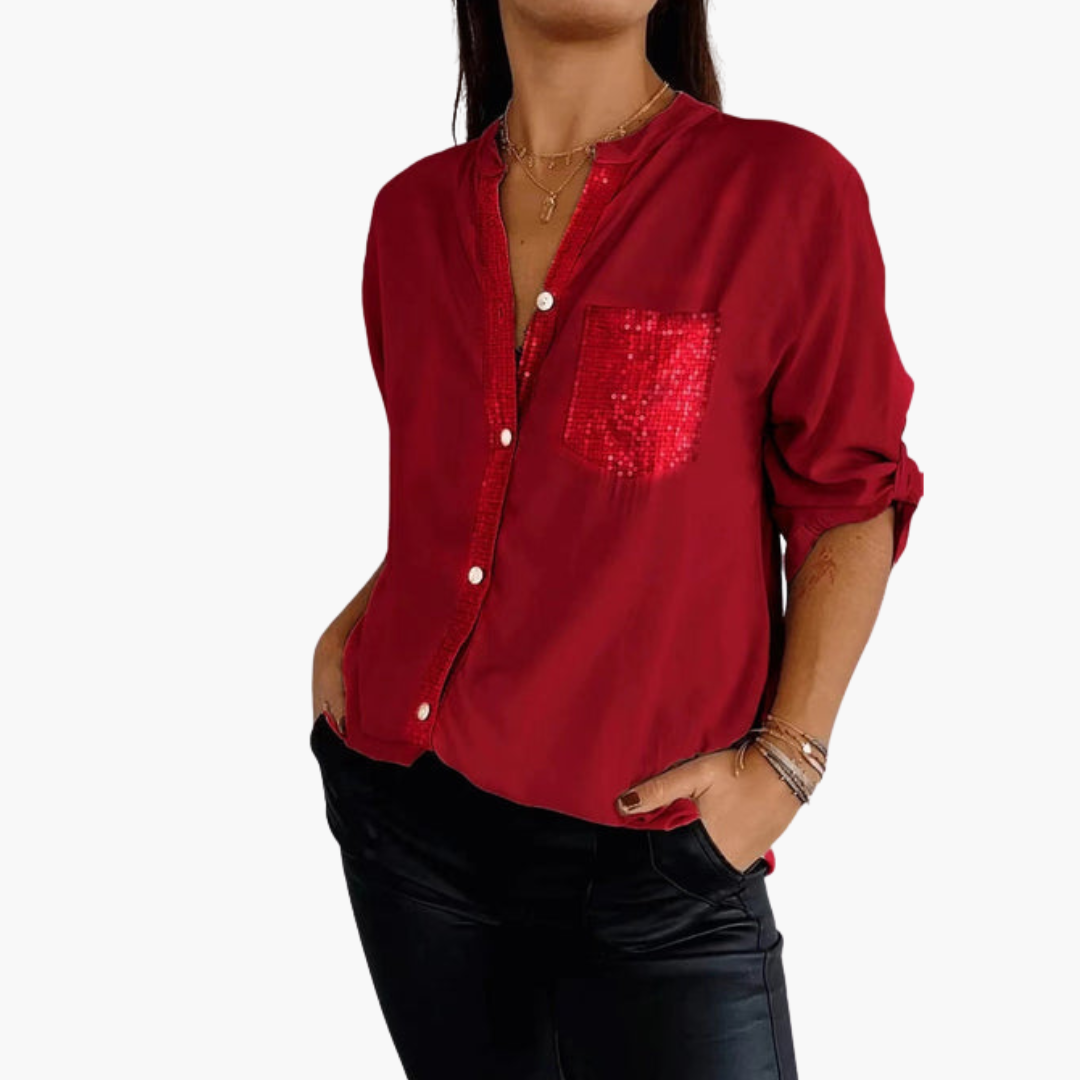 Women's classic collar button-up shirt with sequin pocket and roll-up sleeves, chic versatile style
