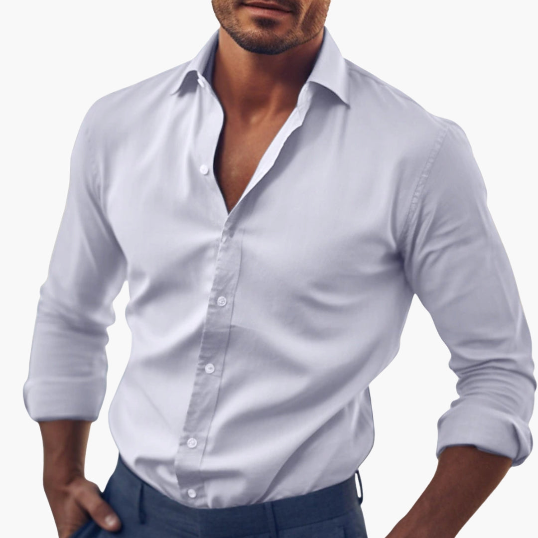 Men's white dress shirt classic pointed collar long sleeves button-front everyday office style