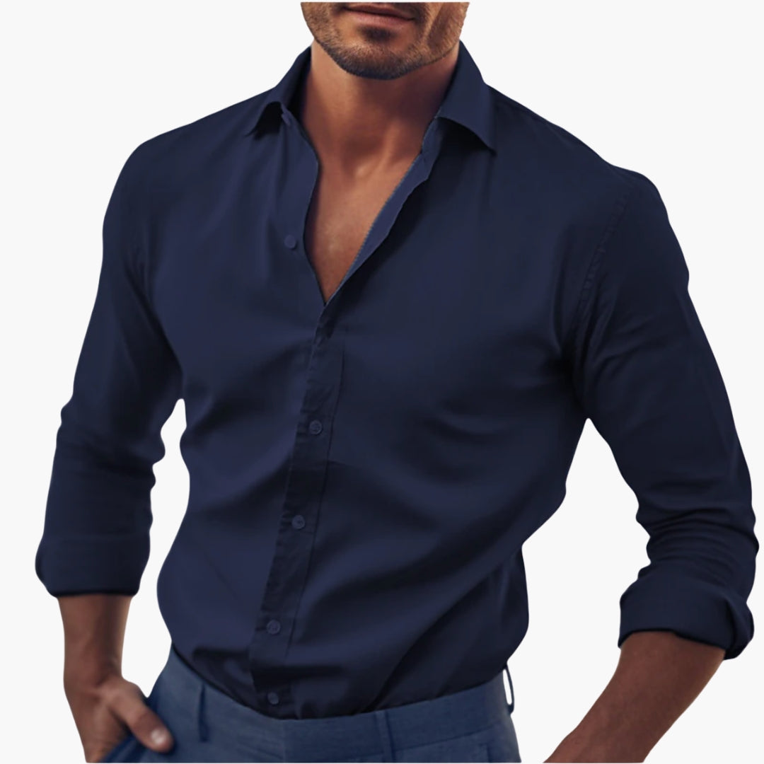Men's classic collar dress shirt in neutral tone, slim-fit long sleeves with adjustable buttoned cuffs