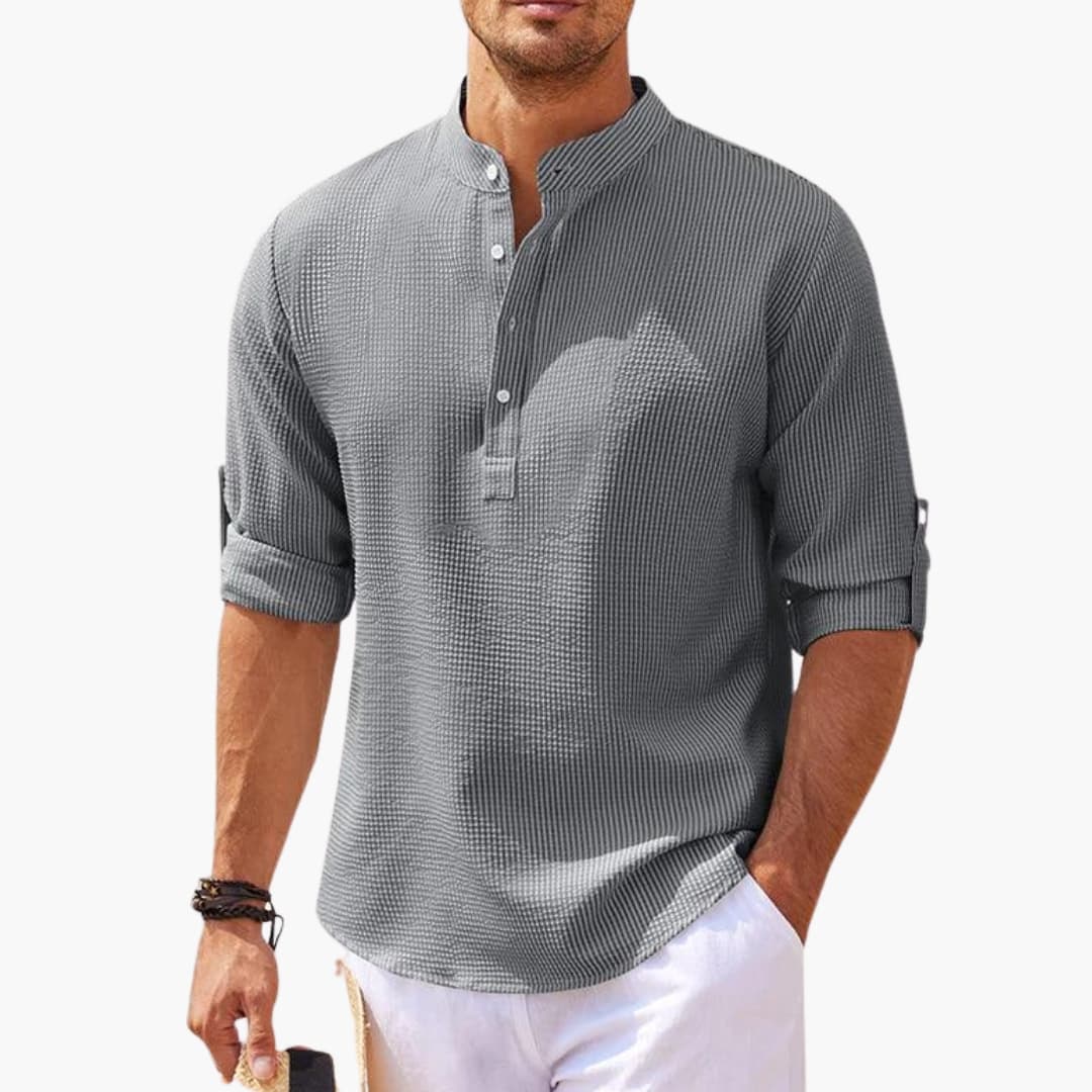 Men's white Tunisian collar shirt buttoned placket three-quarter sleeves smart casual structured fit