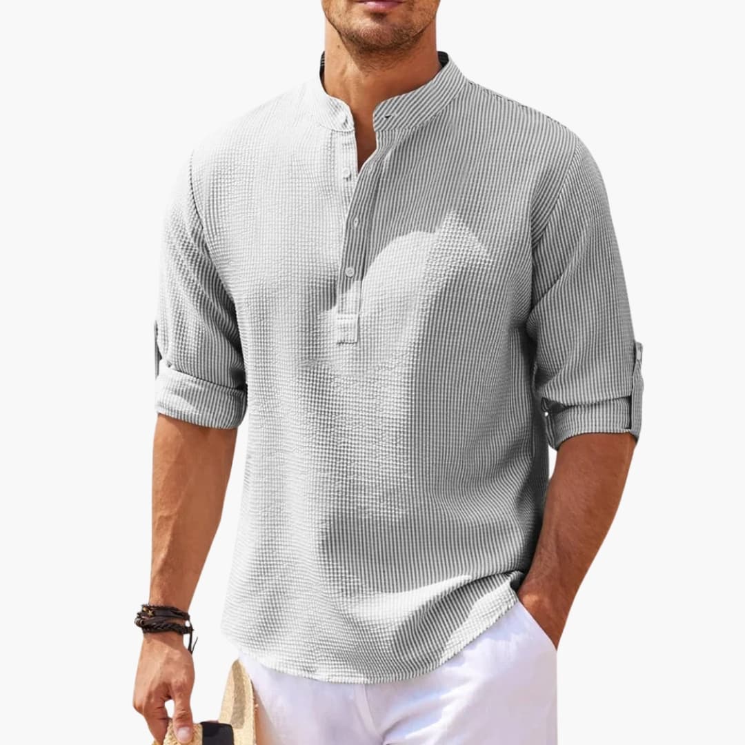 Men's white Tunisian collar shirt, buttoned placket, three-quarter sleeves, smart casual slim fit