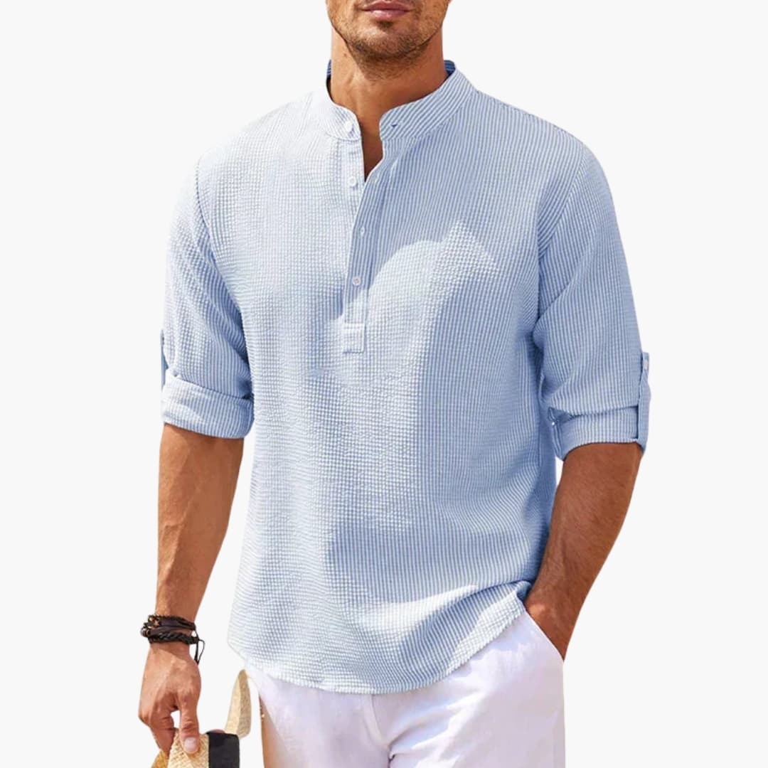 Men's white Tunisian collar shirt with buttoned placket and three-quarter sleeves smart casual fit