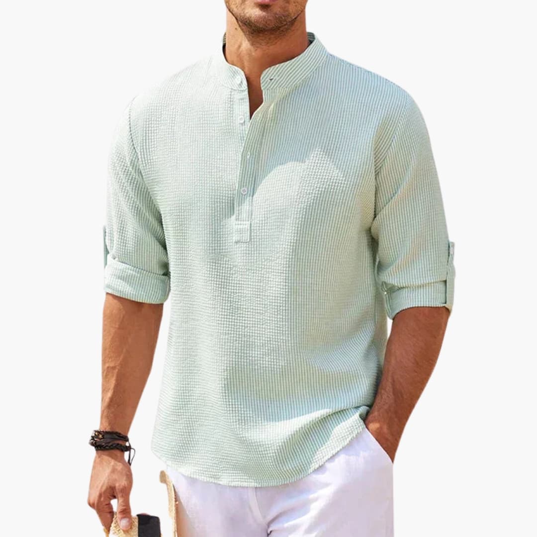 Men's white Tunisian collar shirt, buttoned placket, three-quarter sleeves, smart casual fit