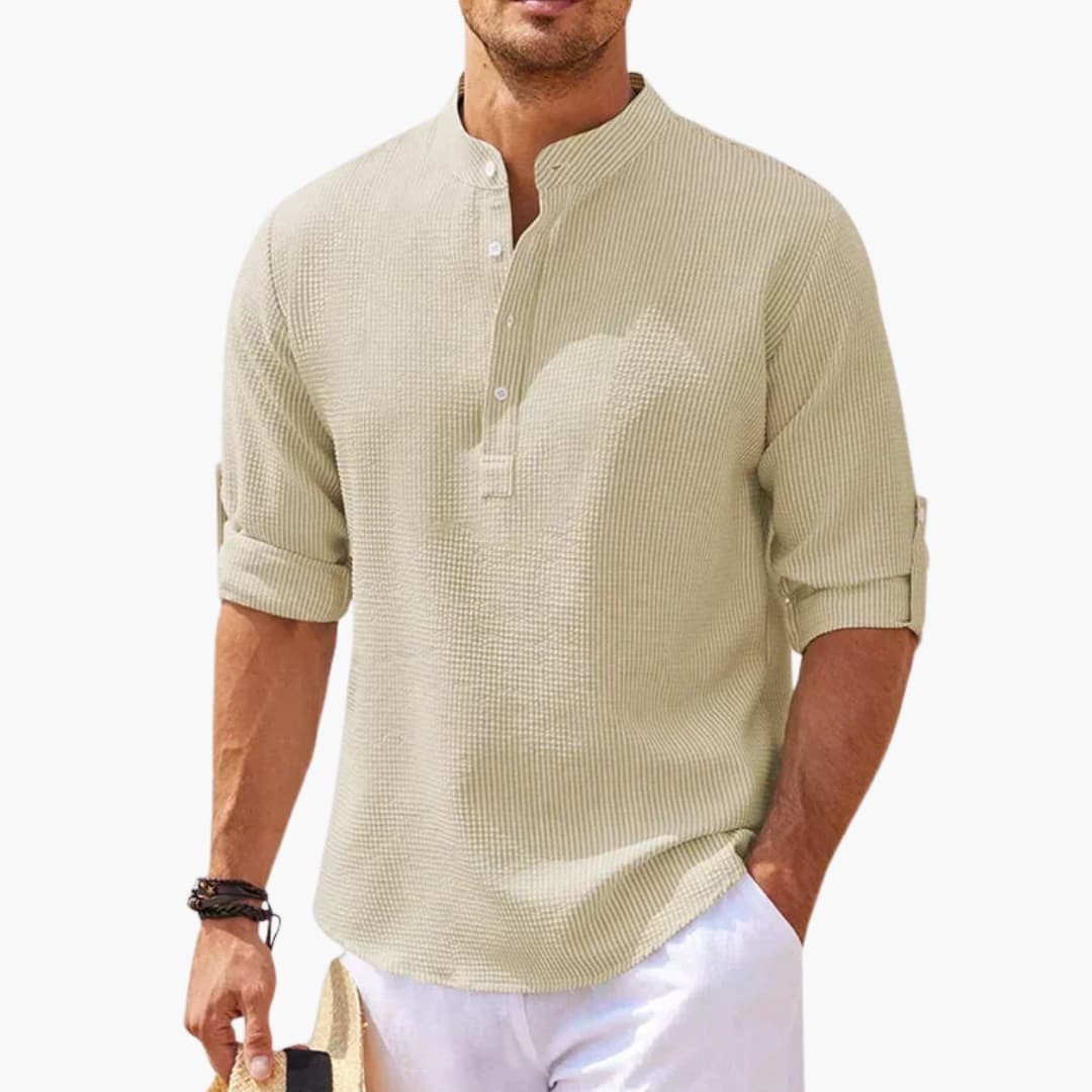 Men's white Tunisian collar shirt three-quarter sleeves buttoned placket smart casual fit