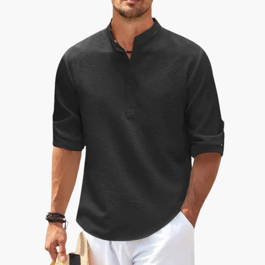 Men's white Tunisian collar shirt buttoned placket three-quarter sleeves smart casual structured fit