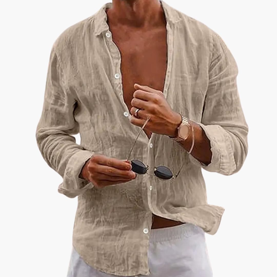 Men's white long sleeve shirt notched collar button closure smart casual regular fit