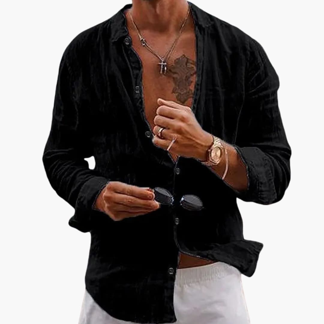Men's navy long sleeve shirt notched collar button closure smart casual regular fit everyday style