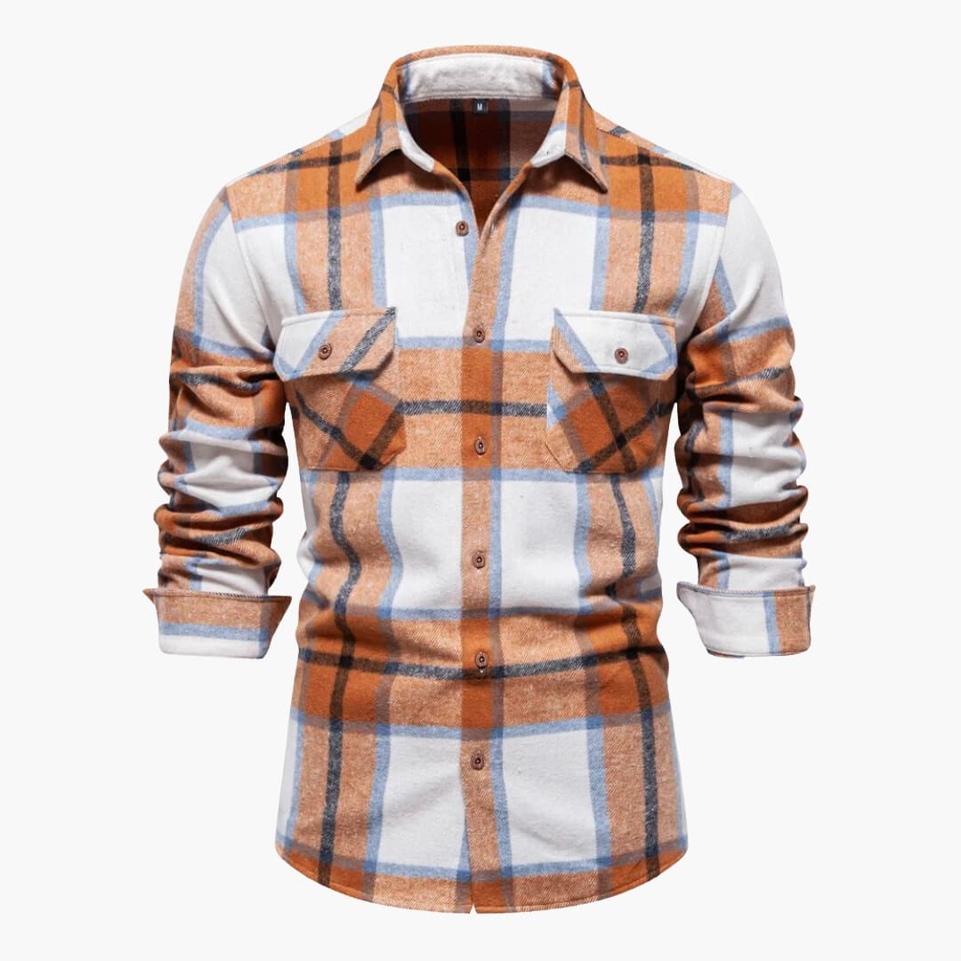 Men's checkered long sleeve shirt double chest pockets button front classic plaid casual fit
