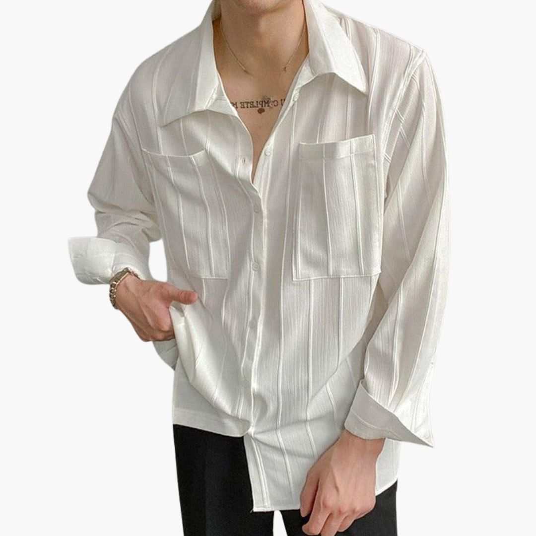 Men's ribbed casual shirt classic collar patch pockets button closure everyday versatile style