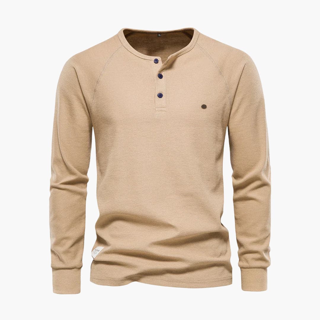 Men's textured long-sleeve shirt with button placket, fitted cuffs, smart casual round neckline style