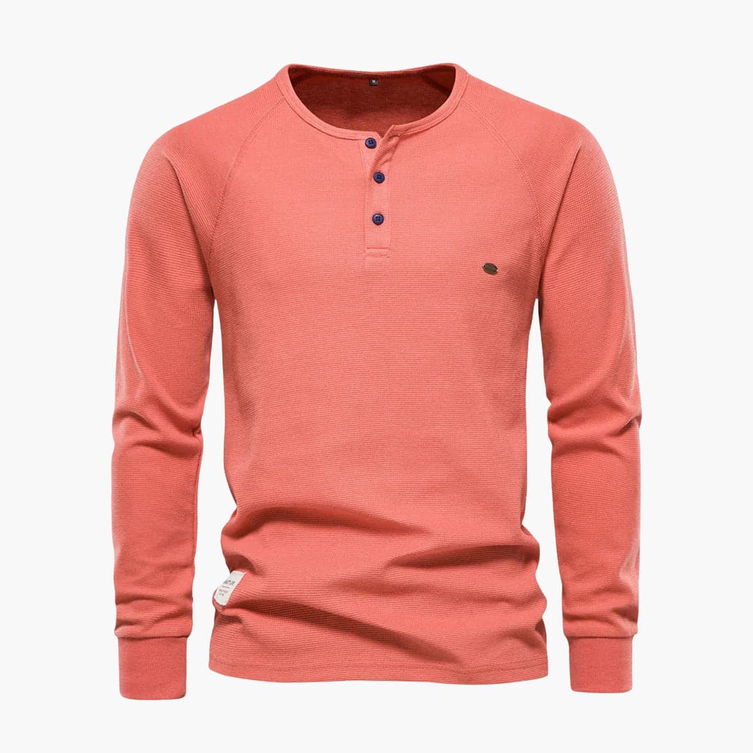 Men's textured long-sleeve shirt with button placket, fitted cuffs, smart casual round neckline style
