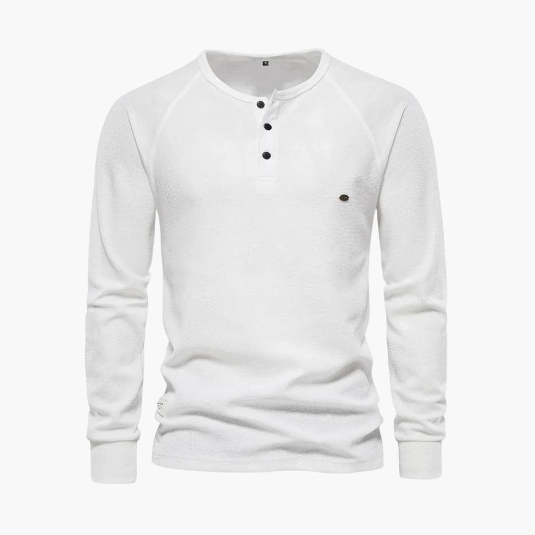 Men's textured long-sleeve shirt with button placket, fitted cuffs, smart casual round neckline style