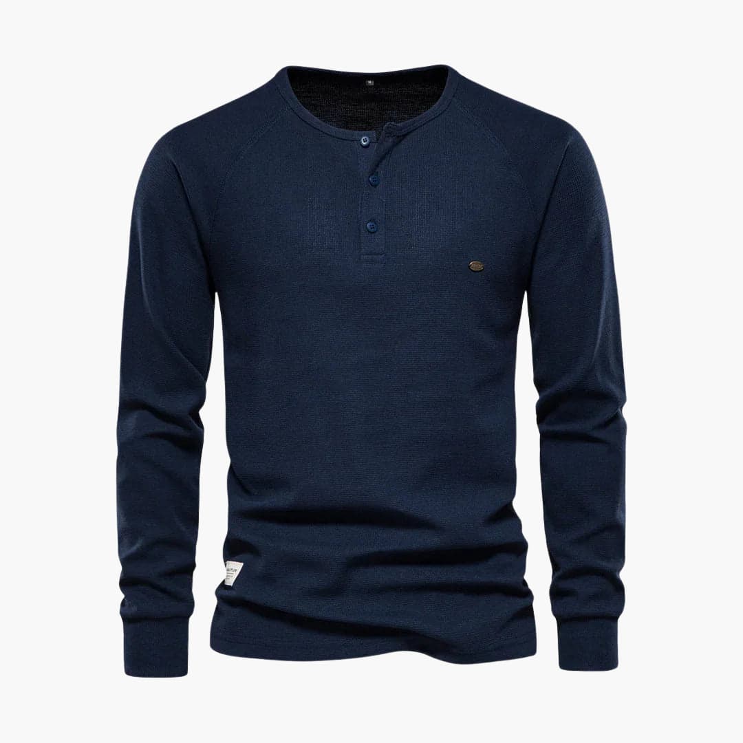 Men's textured long-sleeve shirt with button placket, fitted cuffs, smart casual round neckline style
