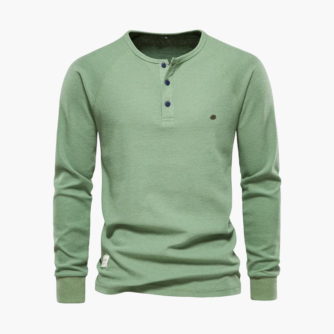 Men's textured long-sleeve shirt with button placket, fitted cuffs, smart casual round neckline style