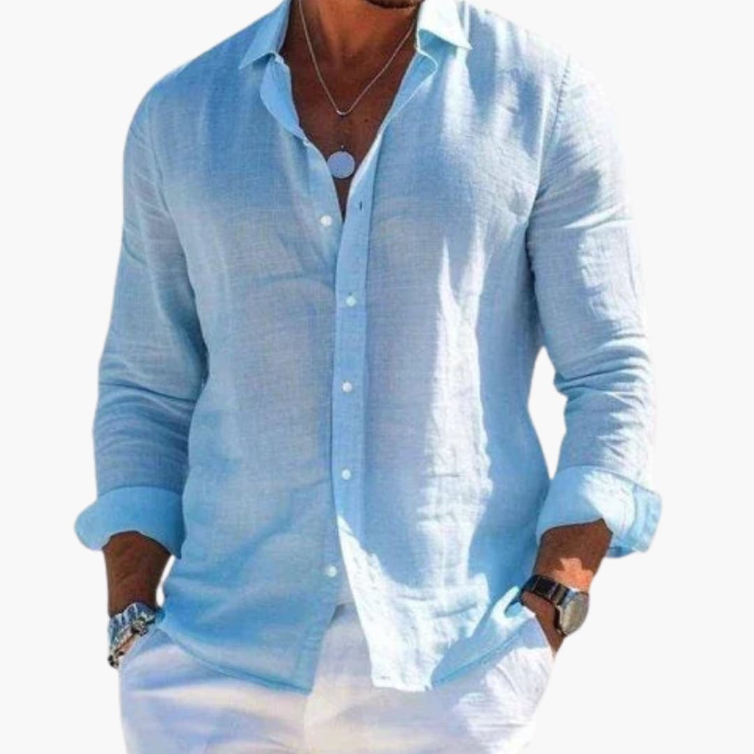 Men's white classic collar dress shirt with long sleeves and adjustable cuffs, tailored fit for professionals