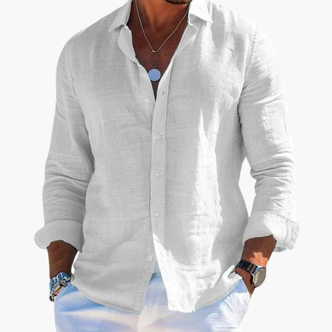 Men's white classic collar dress shirt with long sleeves and adjustable cuffs, tailored fit for professionals