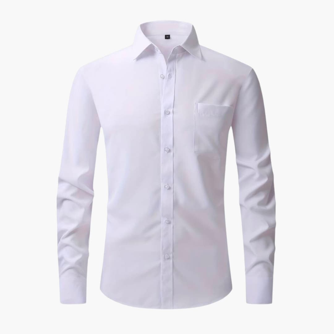 Men's white slim-fit long sleeve business shirt with full button-front and structured chest pocket