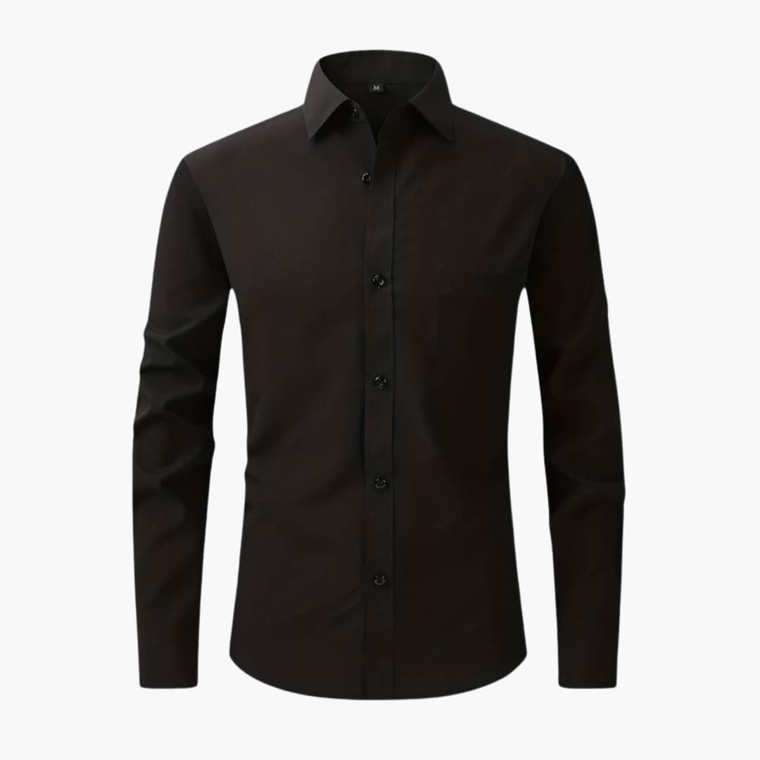 Navy blue men's slim-fit long sleeve business shirt with chest pocket and buttoned cuffs