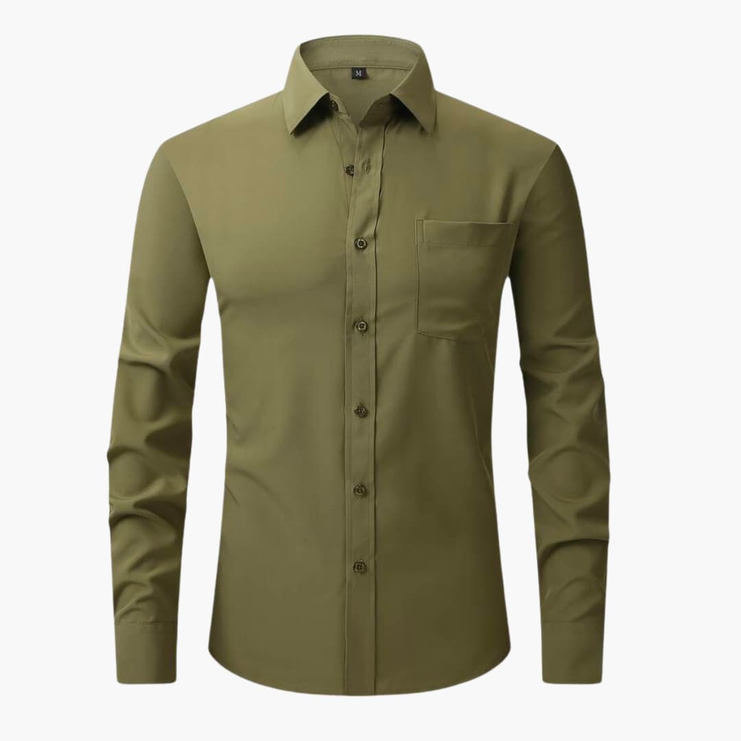 Men's white slim-fit long sleeve dress shirt with full button front and chest pocket