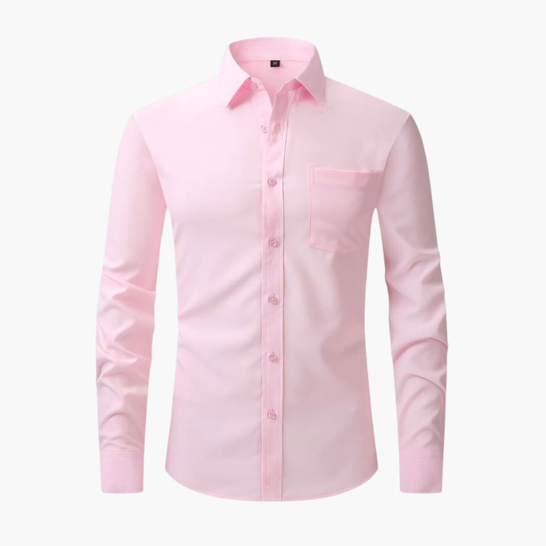 Men's white slim-fit long-sleeve dress shirt with full button front and chest pocket