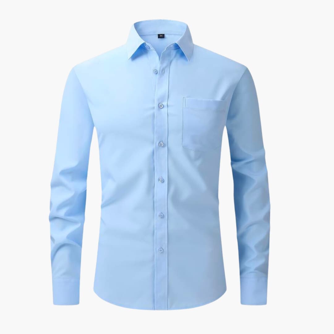 Men's white slim-fit long sleeve button-front dress shirt with chest pocket for office wear