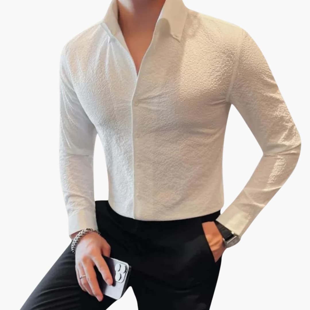 Classic white men's Kent collar dress shirt, long sleeves, buttoned cuffs, slim formal fit