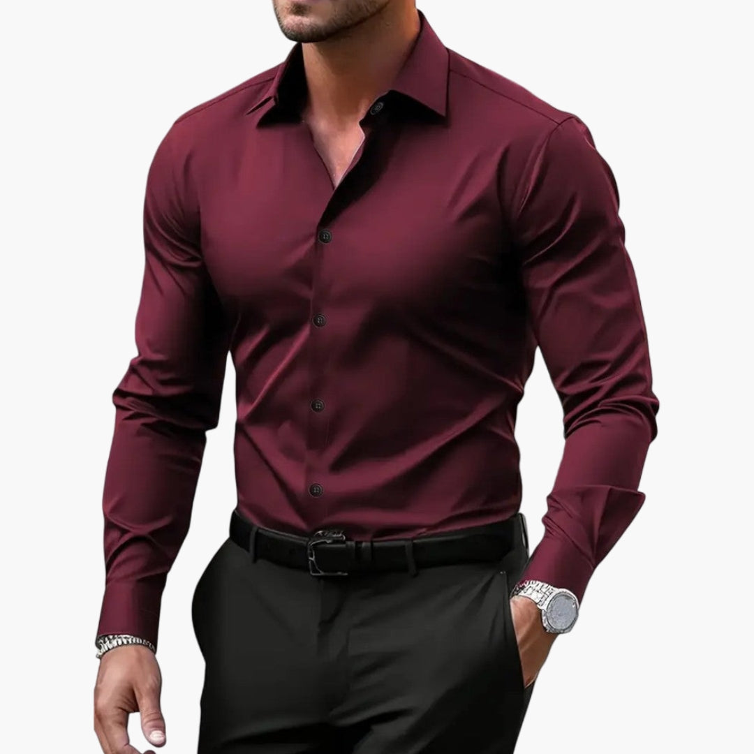 Navy blue men's fitted dress shirt structured pointed collar front button long sleeves office look