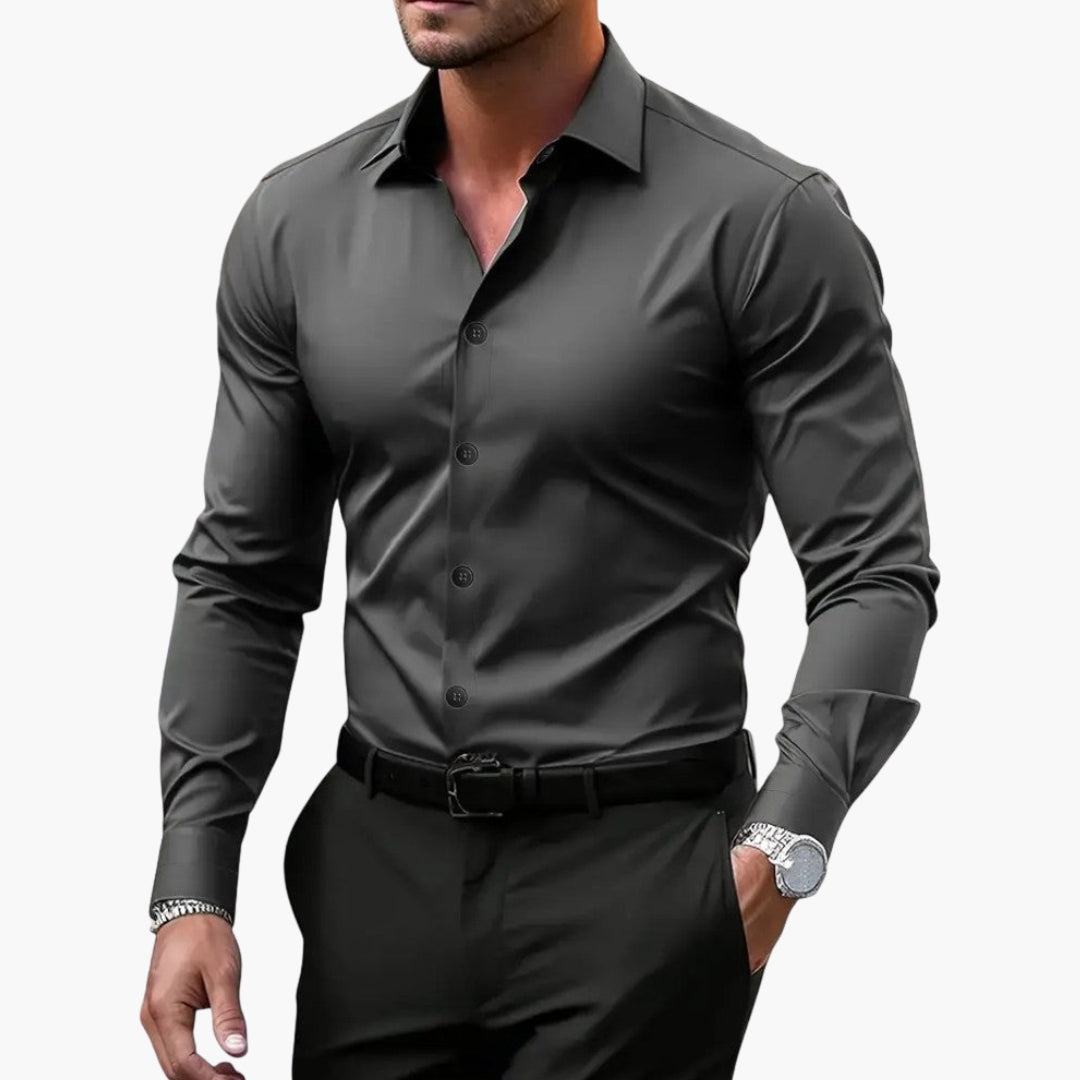 Men's white fitted dress shirt structured pointed collar button-front long sleeves sharp office style