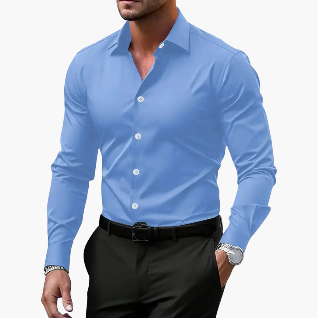 Men's fitted white dress shirt structured pointed collar button-front long sleeves sharp office style