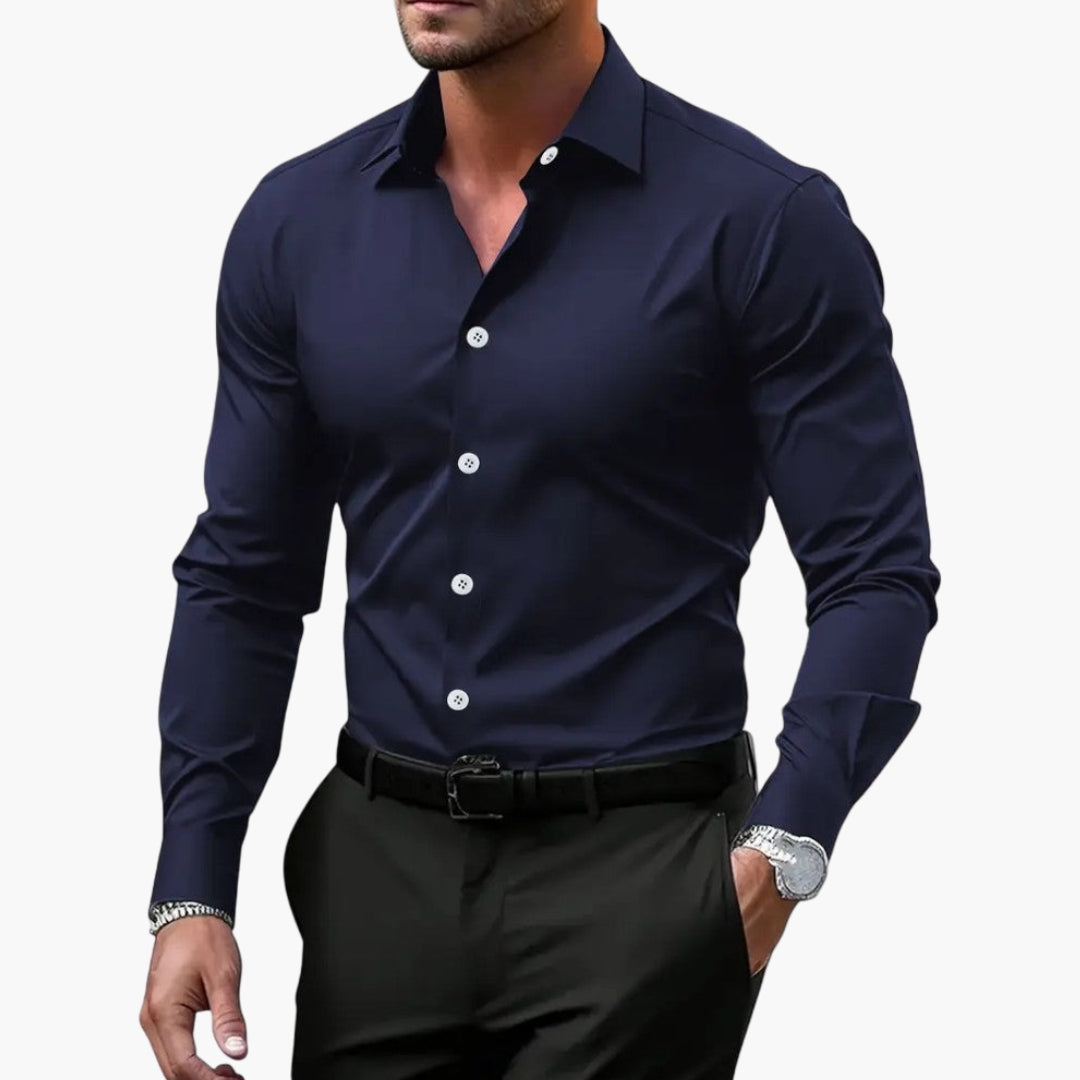 Men's white fitted dress shirt structured pointed collar button-front long sleeves sharp office style