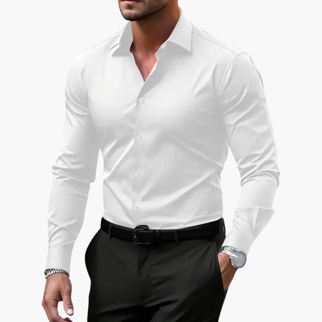 Men's fitted white dress shirt structured pointed collar front button closure crisp office look